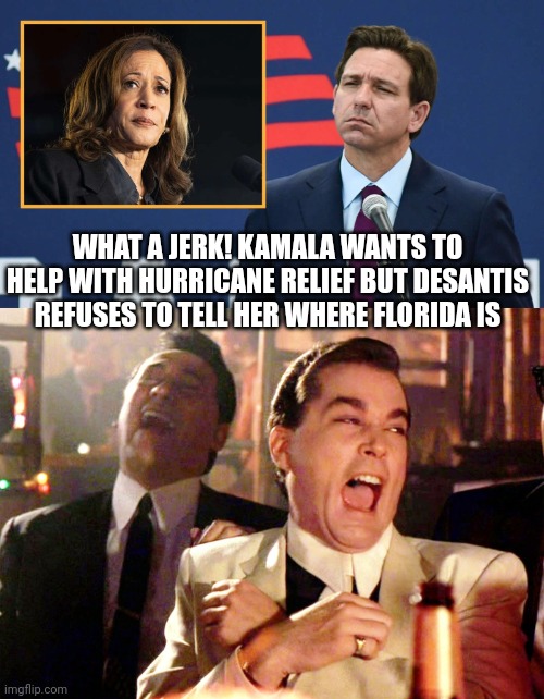 kamala harris meme | WHAT A JERK! KAMALA WANTS TO HELP WITH HURRICANE RELIEF BUT DESANTIS REFUSES TO TELL HER WHERE FLORIDA IS | image tagged in memes,good fellas hilarious | made w/ Imgflip meme maker