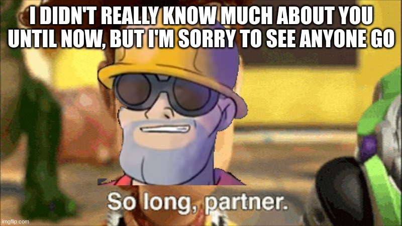 so long partner | I DIDN'T REALLY KNOW MUCH ABOUT YOU UNTIL NOW, BUT I'M SORRY TO SEE ANYONE GO | image tagged in so long partner | made w/ Imgflip meme maker