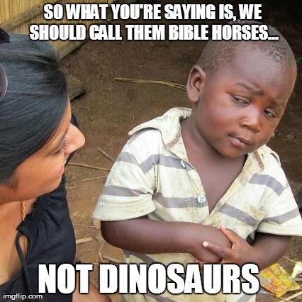 Third World Skeptical Kid | SO WHAT YOU'RE SAYING IS, WE SHOULD CALL THEM BIBLE HORSES... NOT DINOSAURS | image tagged in memes,third world skeptical kid | made w/ Imgflip meme maker