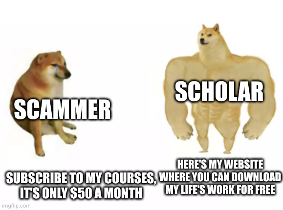 buff doge vs cheems reversed | SCHOLAR; SCAMMER; HERE'S MY WEBSITE WHERE YOU CAN DOWNLOAD MY LIFE'S WORK FOR FREE; SUBSCRIBE TO MY COURSES, IT'S ONLY $50 A MONTH | image tagged in buff doge vs cheems reversed | made w/ Imgflip meme maker