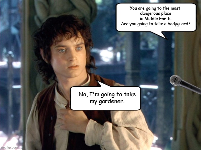 Frodo answers a question about going to Mordor. | You are going to the most 
dangerous place in Middle Earth.
Are you going to take a bodyguard? No, I'm going to take
my gardener. | image tagged in frodo,funny | made w/ Imgflip meme maker