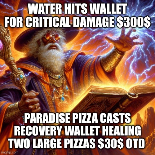 Wizard I cast | WATER HITS WALLET FOR CRITICAL DAMAGE $300$; PARADISE PIZZA CASTS RECOVERY WALLET HEALING TWO LARGE PIZZAS $30$ OTD | image tagged in wizard i cast | made w/ Imgflip meme maker