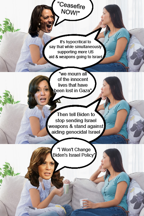 Hypocrite Harris | "Ceasefire NOW!"; It's hypocritical to say that while simultaneously supporting more US aid & weapons going to Israel; "we mourn all of the innocent lives that have been lost in Gaza"; Then tell Biden to stop sending Israel weapons & stand against aiding genocidal Israel; "I Won't Change Biden's Israel Policy" | image tagged in two women talking,holocaust harris,kamala harris,genocide joe,free palestine,vote socialist | made w/ Imgflip meme maker