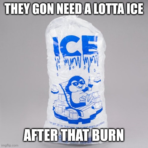 Bag of ice | THEY GON NEED A LOTTA ICE AFTER THAT BURN | image tagged in bag of ice | made w/ Imgflip meme maker