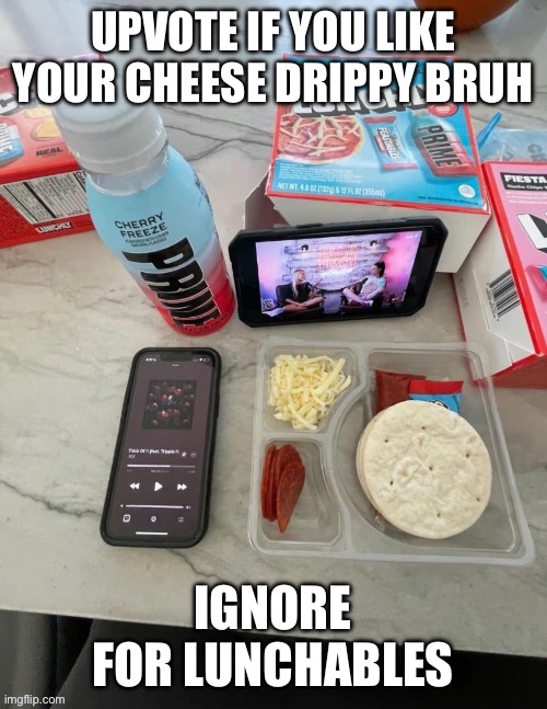 UPVOTE IF YOU LIKE YOUR CHEESE DRIPPY BRUH; IGNORE FOR LUNCHABLES | made w/ Imgflip meme maker