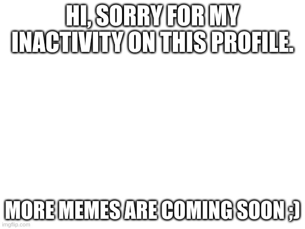 Hey :) | HI, SORRY FOR MY INACTIVITY ON THIS PROFILE. MORE MEMES ARE COMING SOON ;) | image tagged in hello | made w/ Imgflip meme maker