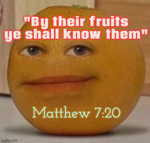 Truthy  Orange | "By their fruits ye shall know them"; Matthew 7:20 | image tagged in annoy orange | made w/ Imgflip meme maker