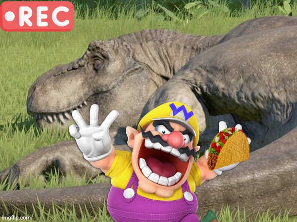 Wario dies after waking up a sleeping t rex with a loud crunch of a taco while Waluigi records for a youtube video.mp3 | image tagged in sleeping t rex | made w/ Imgflip meme maker