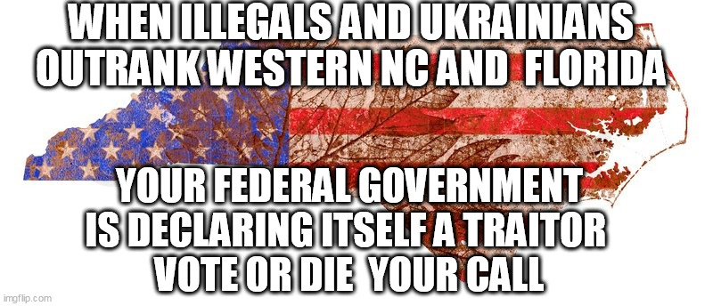 VOTE OR DIE PAINFULLY. YOUR CALL. NO MULLIGANS | WHEN ILLEGALS AND UKRAINIANS OUTRANK WESTERN NC AND  FLORIDA; YOUR FEDERAL GOVERNMENT
 IS DECLARING ITSELF A TRAITOR  
VOTE OR DIE  YOUR CALL | image tagged in north carolina,choices,communism | made w/ Imgflip meme maker