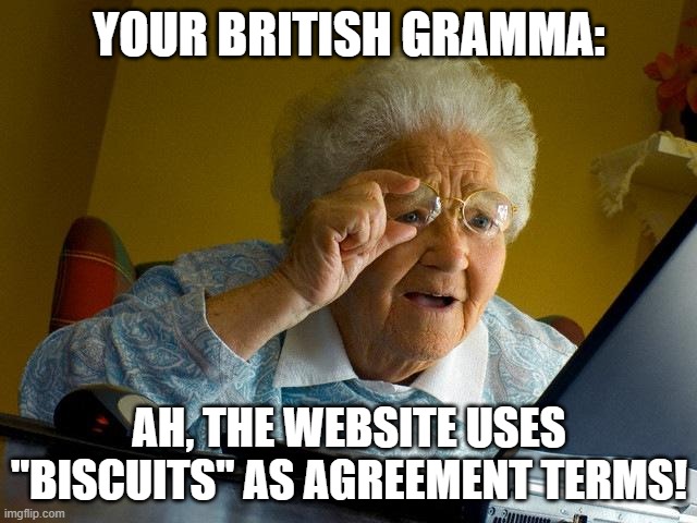 Cookies? What are those? | YOUR BRITISH GRAMMA:; AH, THE WEBSITE USES "BISCUITS" AS AGREEMENT TERMS! | image tagged in memes,grandma finds the internet | made w/ Imgflip meme maker