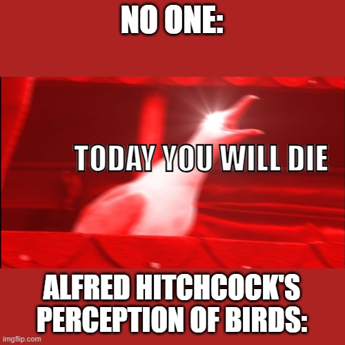 i just watched the birds | NO ONE:; TODAY YOU WILL DIE; ALFRED HITCHCOCK'S PERCEPTION OF BIRDS: | image tagged in birds,reee,die | made w/ Imgflip meme maker