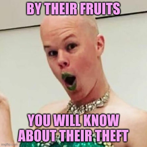 Sam Brinton | BY THEIR FRUITS YOU WILL KNOW ABOUT THEIR THEFT | image tagged in sam brinton | made w/ Imgflip meme maker