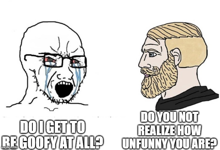 Soyboy Vs Yes Chad | DO YOU NOT REALIZE HOW UNFUNNY YOU ARE? DO I GET TO BE GOOFY AT ALL? | image tagged in soyboy vs yes chad | made w/ Imgflip meme maker