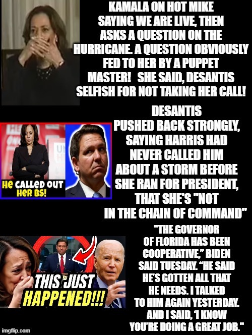 Kamala is not in charge of anything during hurricanes! Not in chain of command! So Pathetic! | "THE GOVERNOR OF FLORIDA HAS BEEN COOPERATIVE,” BIDEN SAID TUESDAY. “HE SAID HE’S GOTTEN ALL THAT HE NEEDS. I TALKED TO HIM AGAIN YESTERDAY. AND I SAID, ‘I KNOW YOU’RE DOING A GREAT JOB." | image tagged in pathetic,delusional,moron,idiot skull,sam elliott special kind of stupid | made w/ Imgflip meme maker