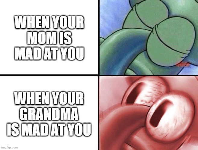 You've done it this time | WHEN YOUR MOM IS MAD AT YOU; WHEN YOUR GRANDMA IS MAD AT YOU | image tagged in sleeping squidward,squidward,i sleep real shit,grandma,spongebob,mom | made w/ Imgflip meme maker