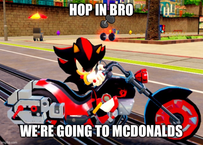 HOP IN BRO; WE’RE GOING TO MCDONALDS | image tagged in shadow the hedgehog,mcdonalds | made w/ Imgflip meme maker