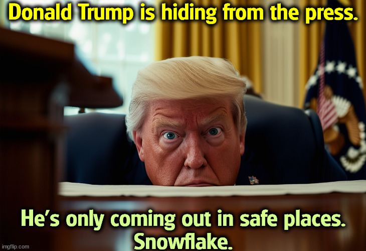 Is his health breaking down under stress? | Donald Trump is hiding from the press. He's only coming out in safe places.
Snowflake. | image tagged in trump,fear,snowflake,hide,health,mental health | made w/ Imgflip meme maker