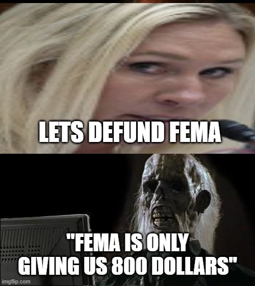 keep in mind FEMA just gave 800$as a starter, more money came, Trump is a liar | LETS DEFUND FEMA; "FEMA IS ONLY GIVING US 800 DOLLARS" | image tagged in memes,i'll just wait here,pathetic don | made w/ Imgflip meme maker