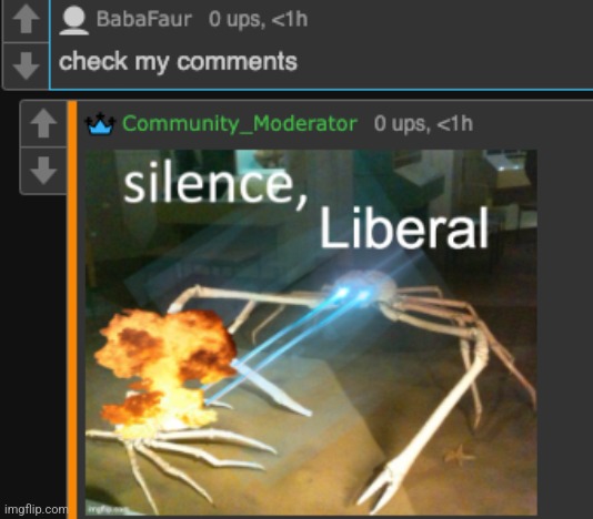 Not top comment decides my tagline | image tagged in community_moderator silence liberal | made w/ Imgflip meme maker