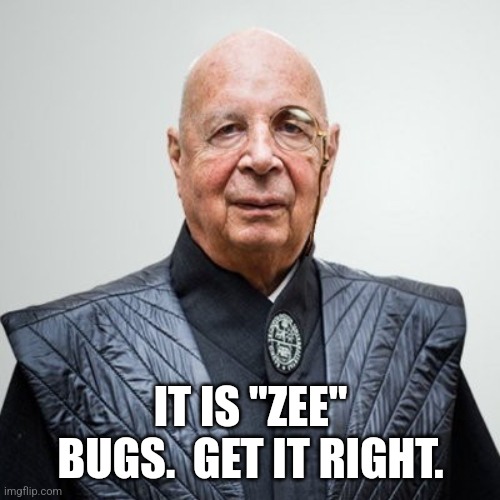 Klaus Schwab | IT IS "ZEE" BUGS.  GET IT RIGHT. | image tagged in klaus schwab | made w/ Imgflip meme maker