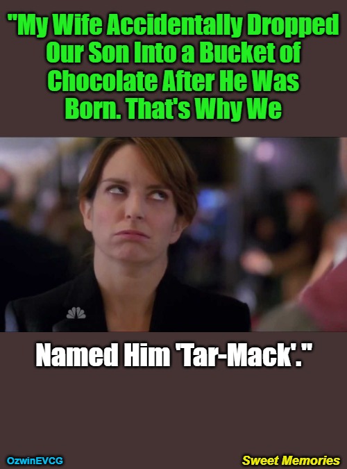 2SM2 | "My Wife Accidentally Dropped 

Our Son Into a Bucket of 

Chocolate After He Was 

Born. That's Why We; Named Him 'Tar-Mack'."; Sweet Memories; OzwinEVCG | image tagged in face you make,awkward,family life,annoying tina,whoops,the more you know | made w/ Imgflip meme maker