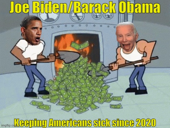 money fire | Joe Biden/Barack Obama Keeping Americans sick since 2020 | image tagged in money fire | made w/ Imgflip meme maker