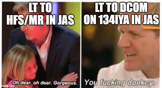 Oh dear, dear gorgeus | LT TO HFS/MR IN JAS; LT TO DCOM ON 134IYA IN JAS | image tagged in oh dear dear gorgeus | made w/ Imgflip meme maker