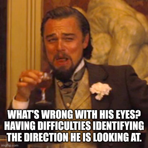 Laughing Leo Meme | WHAT'S WRONG WITH HIS EYES? HAVING DIFFICULTIES IDENTIFYING THE DIRECTION HE IS LOOKING AT. | image tagged in memes,laughing leo | made w/ Imgflip meme maker