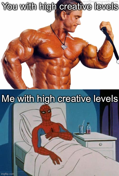 Creative levels | You with high creative levels; Me with high creative levels | image tagged in body builder,memes,spiderman hospital | made w/ Imgflip meme maker