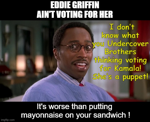 Undercover Brother | EDDIE GRIFFIN
AIN'T VOTING FOR HER; I don’t know what you Undercover Brothers thinking voting for Kamala! She’s a puppet! It's worse than putting 
mayonnaise on your sandwich ! | image tagged in undercover brother | made w/ Imgflip meme maker