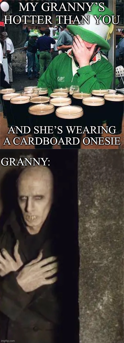 Hot granny | MY GRANNY’S HOTTER THAN YOU; AND SHE’S WEARING A CARDBOARD ONESIE; GRANNY: | image tagged in 'full' irish,vampire in coffin,granny,cardboard,onesie | made w/ Imgflip meme maker