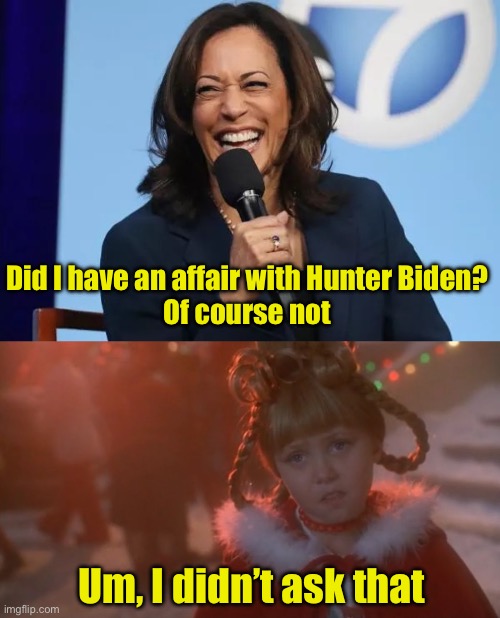 Cindi Lou Who interviews Kamala Harris | Did I have an affair with Hunter Biden?
Of course not; Um, I didn’t ask that | image tagged in kamala harris laugh,sad cindy lou who | made w/ Imgflip meme maker