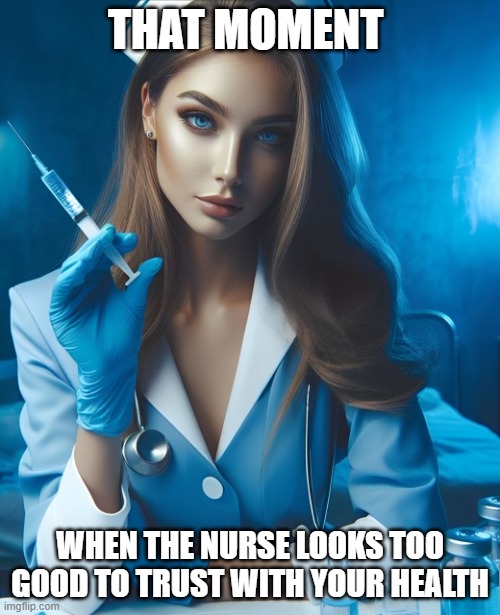 nurse | THAT MOMENT; WHEN THE NURSE LOOKS TOO GOOD TO TRUST WITH YOUR HEALTH | image tagged in memes | made w/ Imgflip meme maker