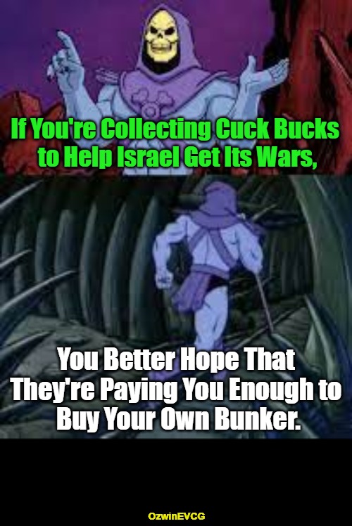 Realities Include Reckonings | If You're Collecting Cuck Bucks 

to Help Israel Get Its Wars, You Better Hope That 

They're Paying You Enough to 

Buy Your Own Bunker. OzwinEVCG | image tagged in skeletor until next time,israel,world war 3,cucks,shills,bribery | made w/ Imgflip meme maker