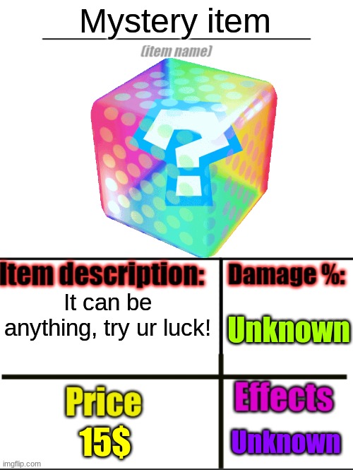 Lets see what people get! | Mystery item; It can be anything, try ur luck! Unknown; 15$; Unknown | image tagged in item-shop extended | made w/ Imgflip meme maker