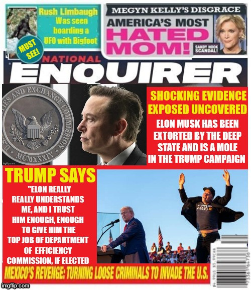 NATIONAL ENQUIRER Musk turned by Feds | image tagged in maga mischief,national enquirer musk turned by feds,elon musk,musk investigaed doj,musk a mole,musk hates clowns | made w/ Imgflip meme maker