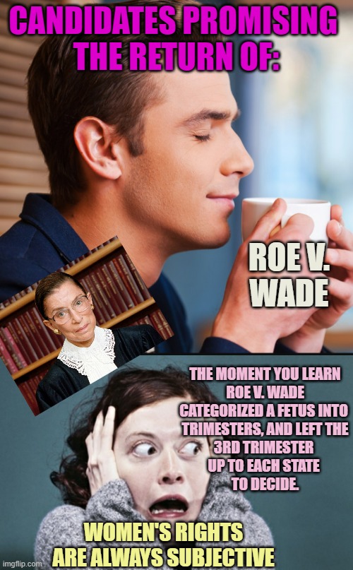 The Low Expectations of Judicial Branch Legislating for the Legislative Branch | CANDIDATES PROMISING 
THE RETURN OF:; ROE V.
WADE; THE MOMENT YOU LEARN
ROE V. WADE CATEGORIZED A FETUS INTO 
TRIMESTERS, AND LEFT THE
3RD TRIMESTER 
UP TO EACH STATE 
TO DECIDE. WOMEN'S RIGHTS
ARE ALWAYS SUBJECTIVE | image tagged in frantic woman,kamala harris,women's rights,abortion,draft,politics | made w/ Imgflip meme maker