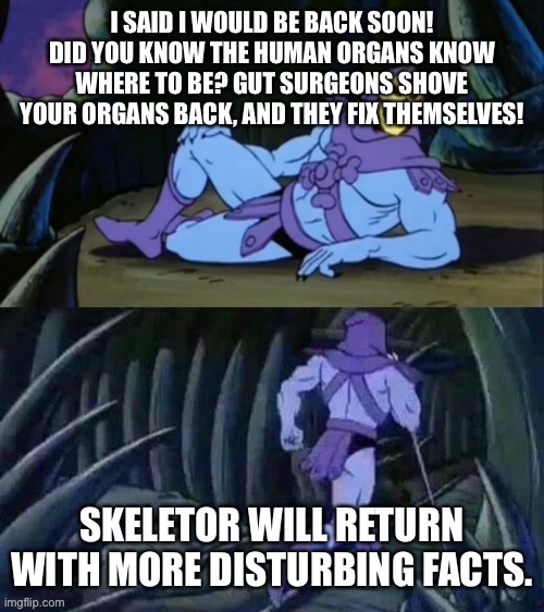 Skeletor disturbing facts | I SAID I WOULD BE BACK SOON! DID YOU KNOW THE HUMAN ORGANS KNOW WHERE TO BE? GUT SURGEONS SHOVE YOUR ORGANS BACK, AND THEY FIX THEMSELVES! SKELETOR WILL RETURN WITH MORE DISTURBING FACTS. | image tagged in skeletor disturbing facts | made w/ Imgflip meme maker