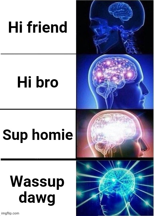 Expanding brain cool yay | Hi friend; Hi bro; Sup homie; Wassup dawg | image tagged in memes,expanding brain | made w/ Imgflip meme maker