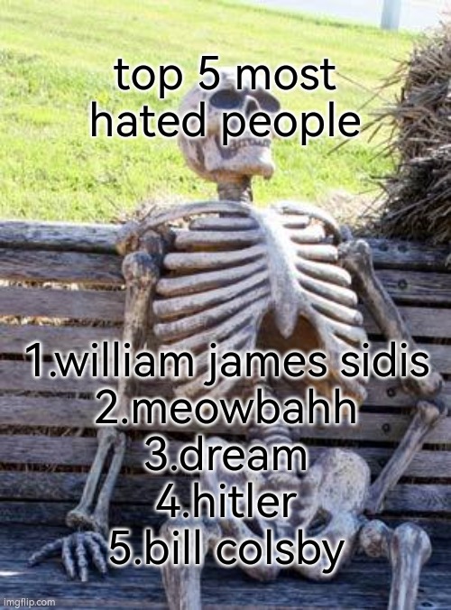 list of top 5 most hated people | top 5 most hated people; 1.william james sidis
2.meowbahh
3.dream
4.hitler
5.bill colsby | image tagged in memes,hating skeleton | made w/ Imgflip meme maker