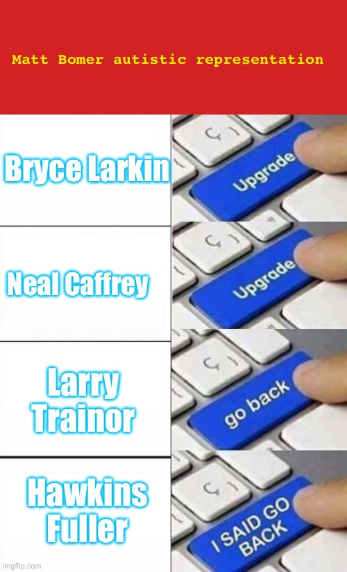 Somebody stop that man..he's already at FOUR!! | Matt Bomer autistic representation; Bryce Larkin; Neal Caffrey; Larry Trainor; Hawkins Fuller | image tagged in autism,media | made w/ Imgflip meme maker