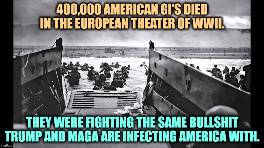 America fights Nazis here and abroad. | 400,000 AMERICAN GI'S DIED IN THE EUROPEAN THEATER OF WWII. THEY WERE FIGHTING THE SAME BULLSHIT TRUMP AND MAGA ARE INFECTING AMERICA WITH. | image tagged in d-day omaha beach,america,hate,nazis,neo-nazis,trump | made w/ Imgflip meme maker