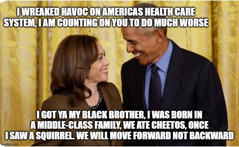 Same agenda, different lies. | I WREAKED HAVOC ON AMERICAS HEALTH CARE SYSTEM, I AM COUNTING ON YOU TO DO MUCH WORSE; I GOT YA MY BLACK BROTHER, I WAS BORN IN A MIDDLE-CLASS FAMILY, WE ATE CHEETOS, ONCE I SAW A SQUIRREL. WE WILL MOVE FORWARD NOT BACKWARD | image tagged in kamala obama,same agenda,different lies,democrat war on america,word salad,not fit for office | made w/ Imgflip meme maker