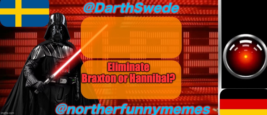 DarthSwede x Northerfunnymemes shared temp | Eliminate Braxton or Hannibal? | image tagged in darthswede x northerfunnymemes shared temp,voting game s2 | made w/ Imgflip meme maker