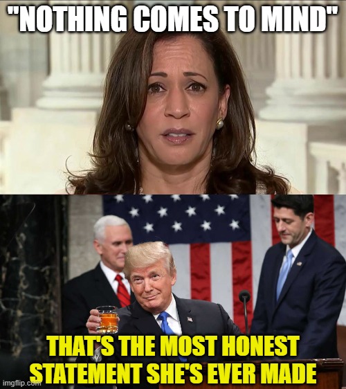 "NOTHING COMES TO MIND"; THAT'S THE MOST HONEST STATEMENT SHE'S EVER MADE | image tagged in kamala harris,trump toast | made w/ Imgflip meme maker