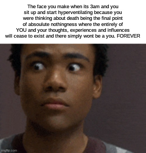 My sanity is slipping day by day, hour by hour, i see it as a stream in the wind | The face you make when its 3am and you sit up and start hyperventilating because you were thinking about death being the final point of absoulute nothingness where the entirely of YOU and your thoughts, experiences and influences will cease to exist and there simply wont be a you. FOREVER | image tagged in scared face | made w/ Imgflip meme maker