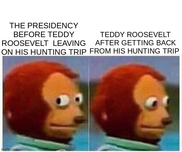 Monkey Puppet | THE PRESIDENCY BEFORE TEDDY ROOSEVELT  LEAVING ON HIS HUNTING TRIP; TEDDY ROOSEVELT AFTER GETTING BACK FROM HIS HUNTING TRIP | image tagged in memes,monkey puppet | made w/ Imgflip meme maker