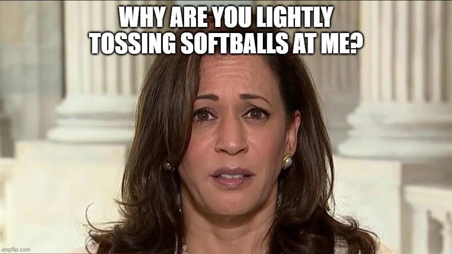 kamala harris | WHY ARE YOU LIGHTLY TOSSING SOFTBALLS AT ME? | image tagged in kamala harris | made w/ Imgflip meme maker