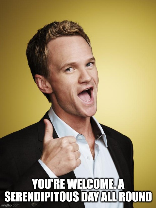 Barney Stinson | YOU'RE WELCOME. A SERENDIPITOUS DAY ALL ROUND | image tagged in barney stinson | made w/ Imgflip meme maker