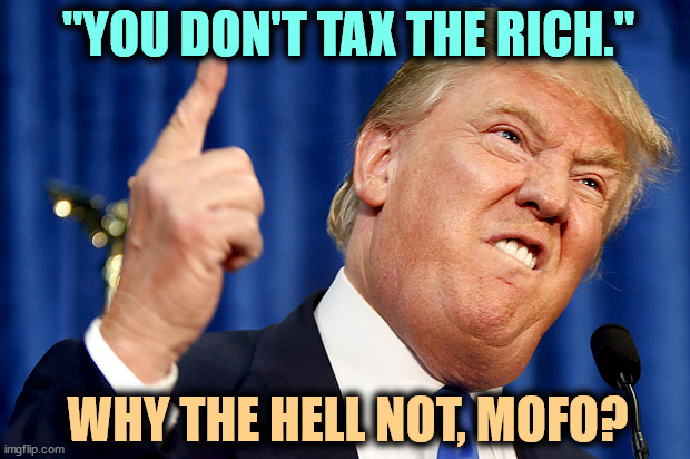 DonOLD Trump, Protector of the Rich | "YOU DON'T TAX THE RICH."; WHY THE HELL NOT, MOFO? | image tagged in donald trump,tax cuts for the rich,cheerleader,rich,wealthy,billionaires | made w/ Imgflip meme maker